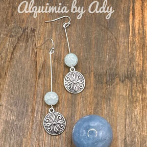 Bohemian blue crackled quartz silver dangle statement earrings extra long